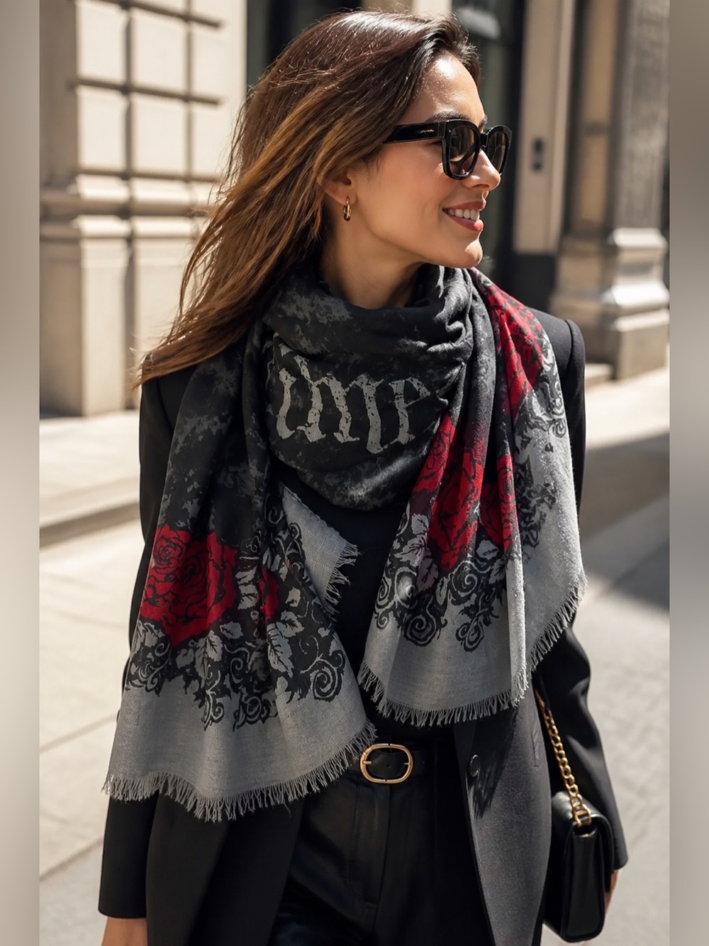 Hard Rock Stylish Floral Rose Patterned Scarf - pinkish red & Gray. 24” x 40”